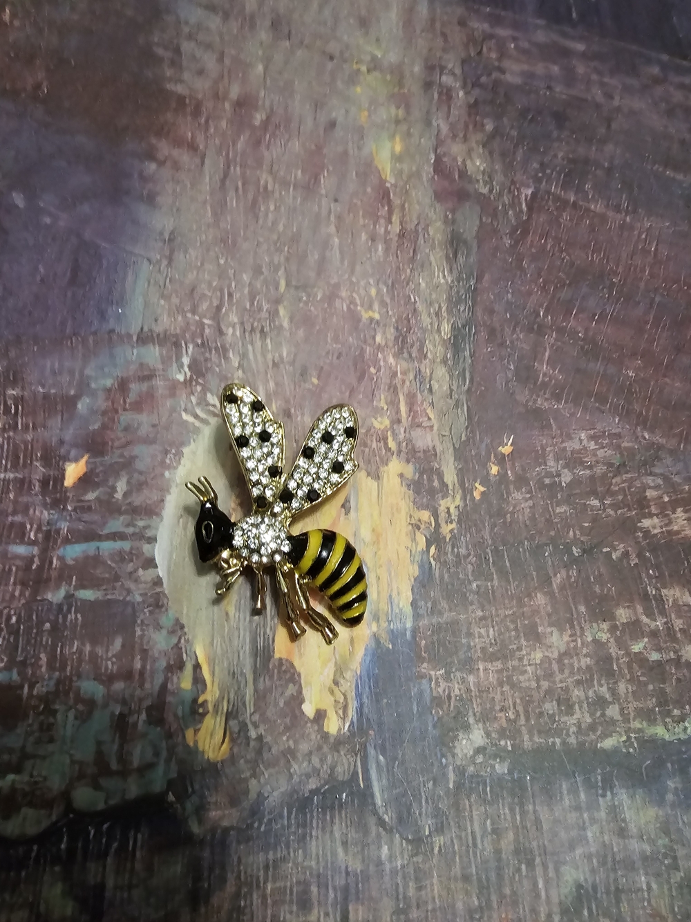 Bee Pin Brooch with Rhinestone Wings and Yellow-Black Enamel Body